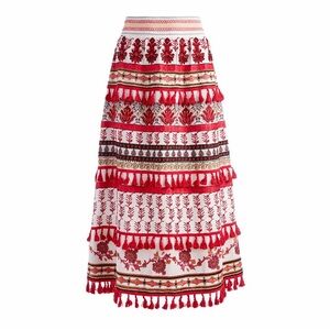 Alice + Olivia Cassie Embroidered Midi Skirt Red White Floral Print Tassel 4